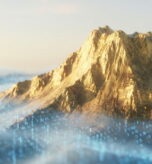 Golden mountain peak rising above a sea of digital fog and blue binary code