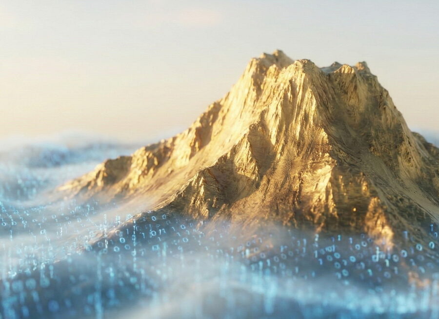 Golden mountain peak rising above a sea of digital fog and blue binary code
